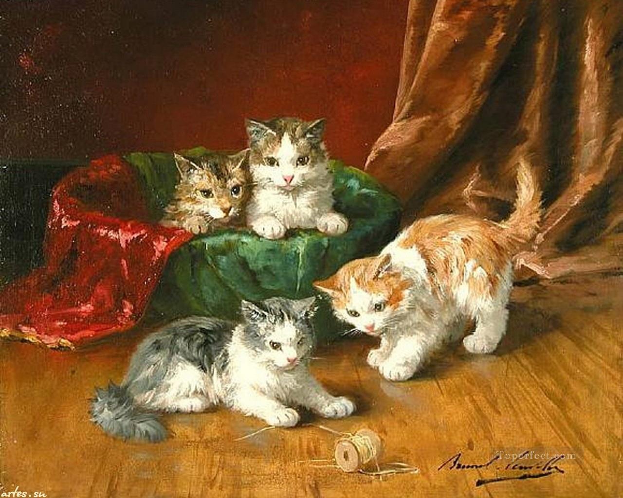 Alfred Brunel de Neuville 4 Kätzchen Ölgemälde